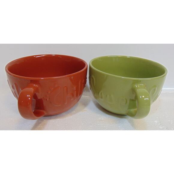 Soup Bowls With Handles KIC Stoneware Chili Green Brown 5" Embossed Letters VTG - Picture 8 of 11